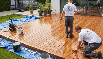 Warwick, RI painters staining a wood deck for coastal weather protection